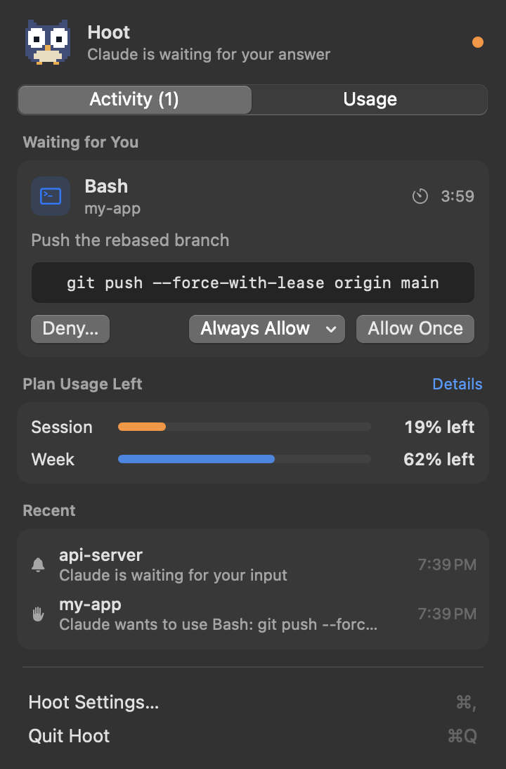 Hoot's Activity tab in dark mode