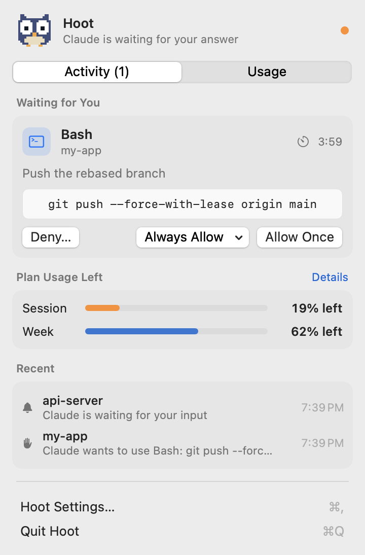 Hoot's Activity tab showing a Bash permission request with Deny, Always Allow and Allow Once, plus plan usage bars and recent notifications